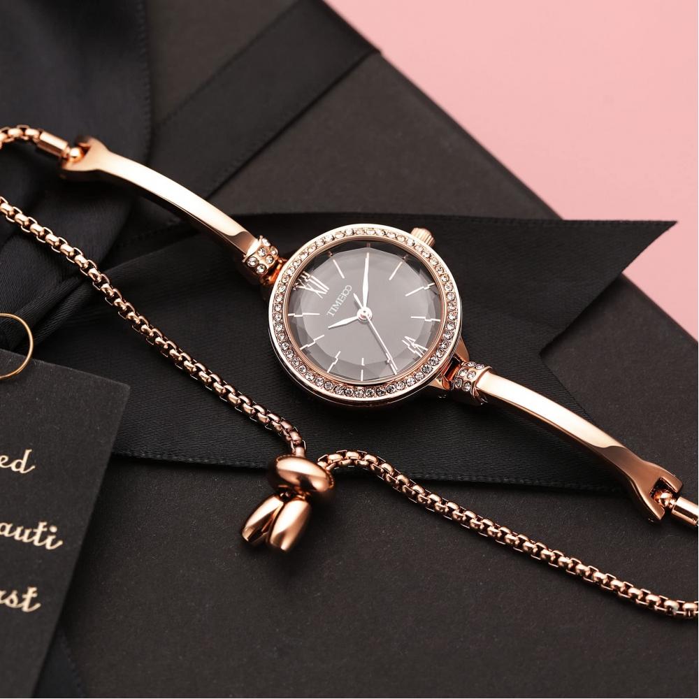 TIME100 Damenuhr, polyedrisches Glas, japanisches Quarz, Armbandtyp, verstellbares Band, 30 m wasserdicht, Damenuhr (Braun)