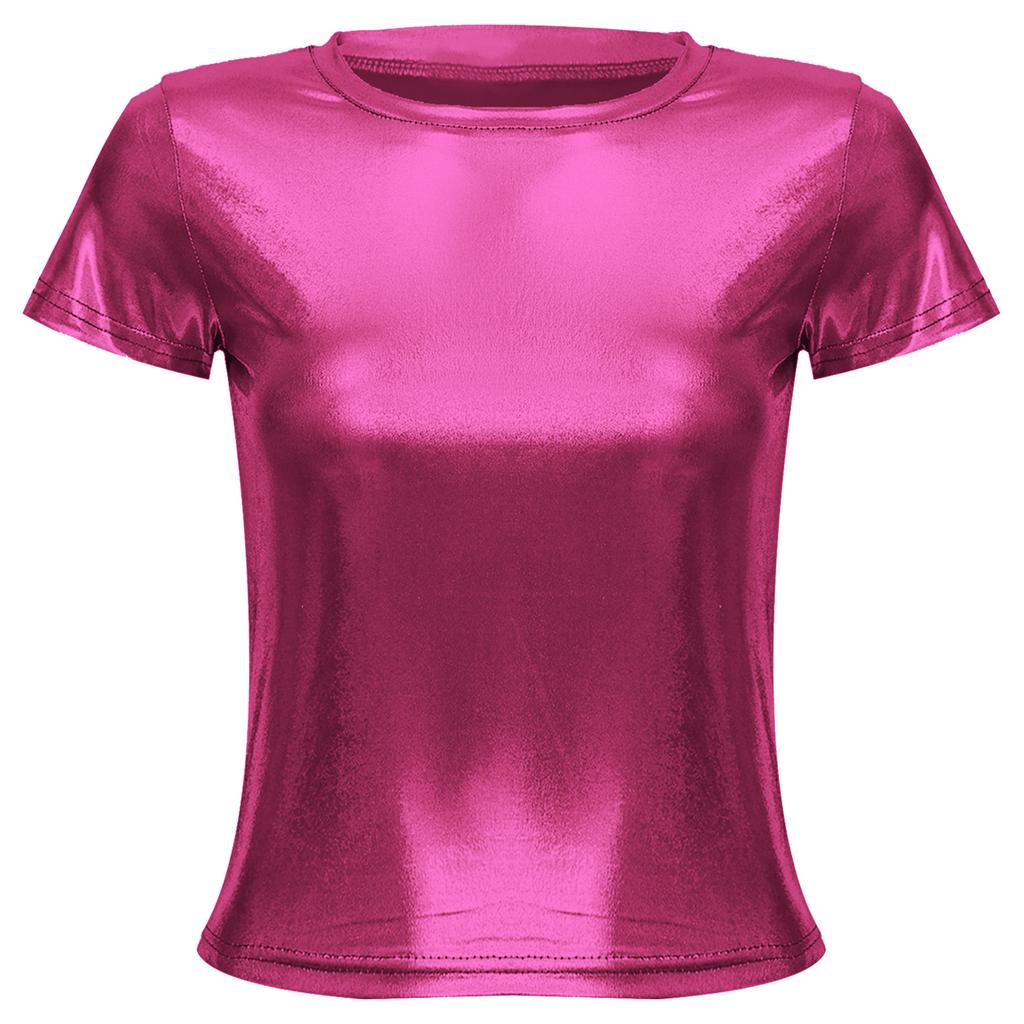 Dámské metalické párty tričko s lesklým krátkým rukávem, kulatým výstřihem a reflexním topem pro taneční večírky a festivaly