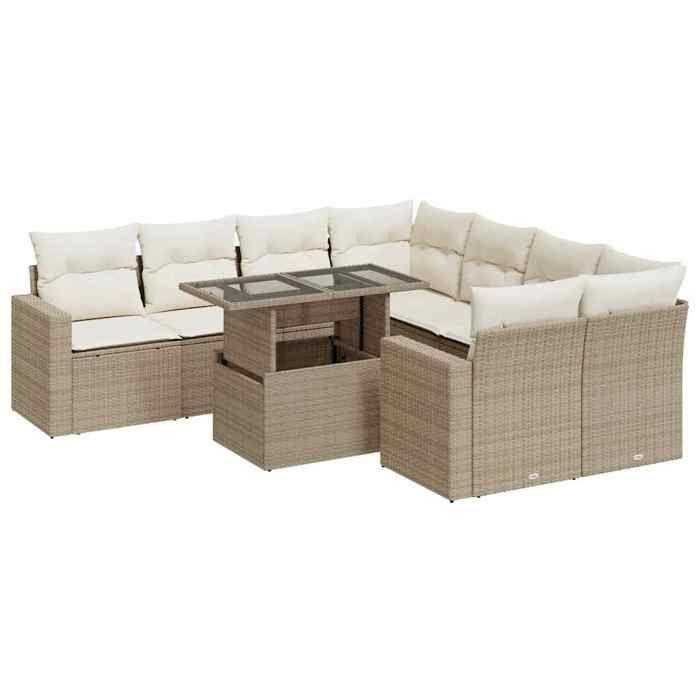 VidaXL Salon de jardin avec coussins 9 pcs beige résine tressée 3326289