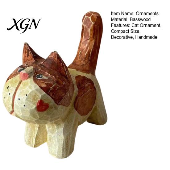 Unique Handcrafted Cat Decor Tabby Wood Figurine with Painting, Hand Carved Basswood Decorative Car Accessories Statue, Animal Art Ornament