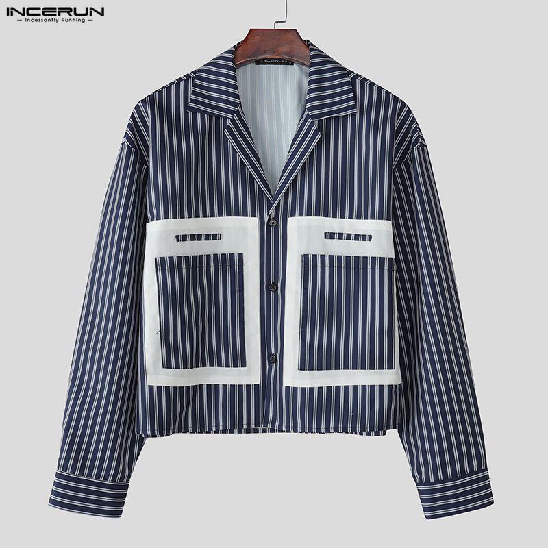 INCERUN Übergroße Herren Langarm Gestreiftes Druckhemd Lässig Locker Knopfleisten-Oberteile