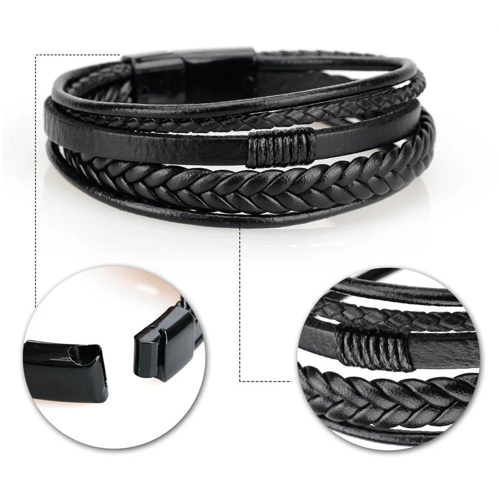 Charmsmic New Mens Magnetic Leather Bracelets Handmade Braided Multilayer Cord Ethnic Jewelry Accessories Male Armband Gifts