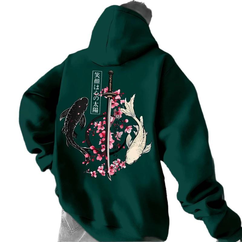 Unisex Oversized Hoodie Met Japanse Koi Zwaard Kerselbloesem Ukiyo-e Print Losse Pasvorm Streetwear