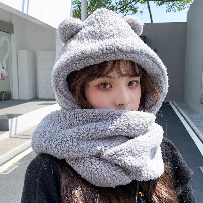 Bear Ear Hat for Women In Autumn and Winter Versatile Cute Scarf with Hooded Korean Style Ear Protection and Warm Couple