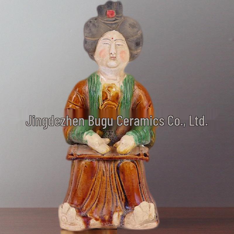 Tang Sancai Ceramic Lady Figurine: Antique Replica, Musical Instrument, Home Decoration, Art Collection Piece.