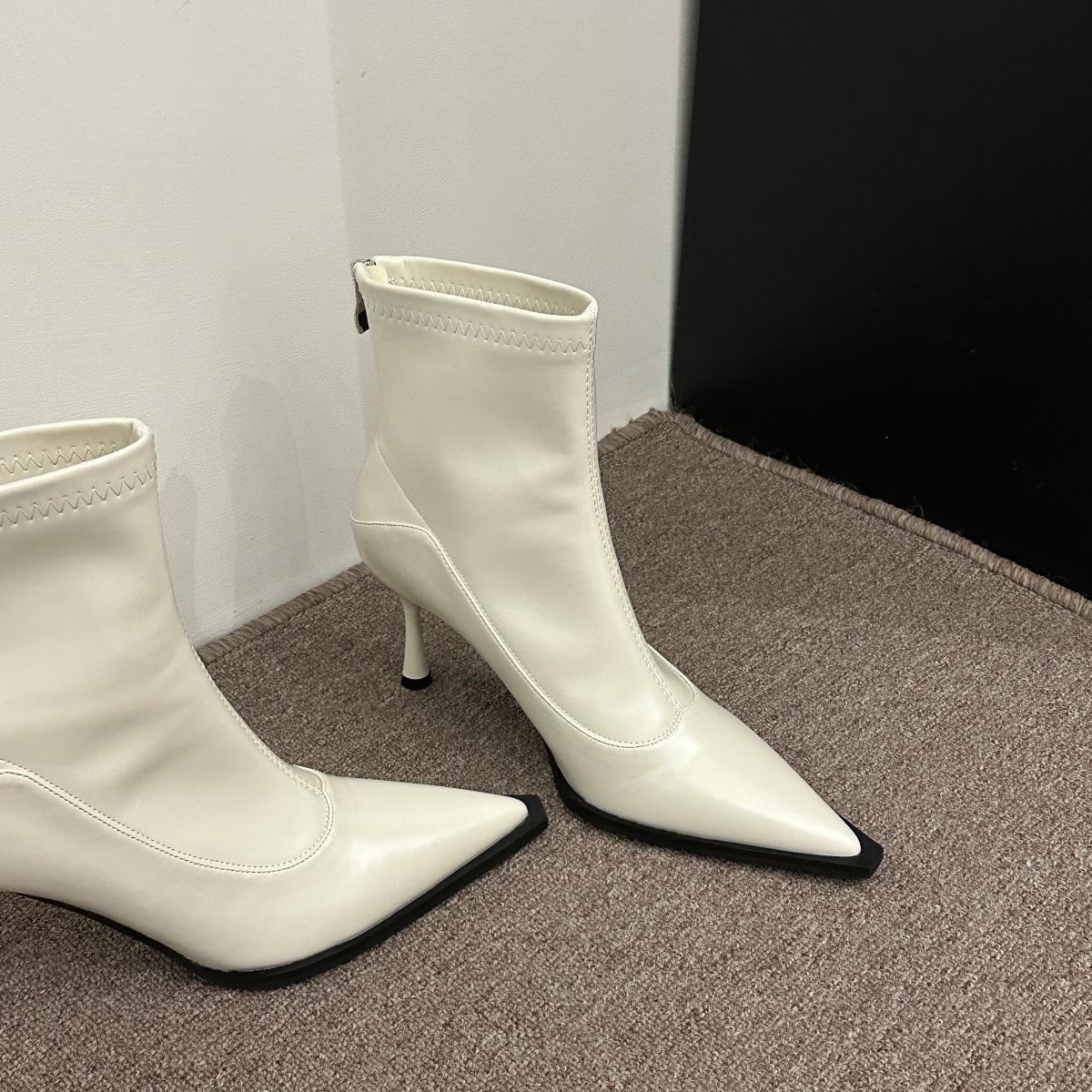 

Новые осенне-зимние товары~ тонкий каблук высокий каблук острый носок темперамент мягкая кожа задняя молния универсальные короткие ботинки 35 белый