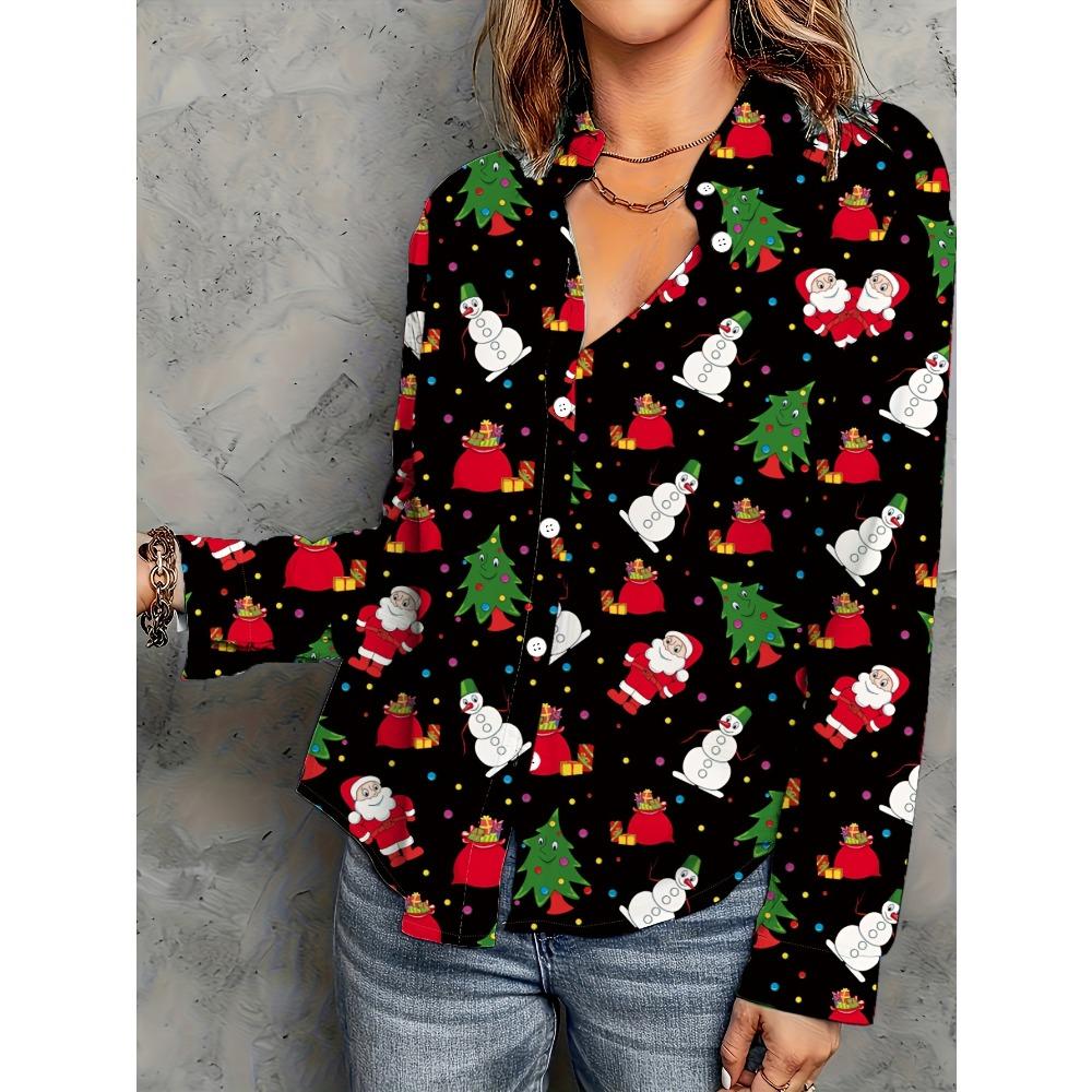 Santa and tree print minimalist shirt, casual button-down front long-sleeved shirt, women's clothing