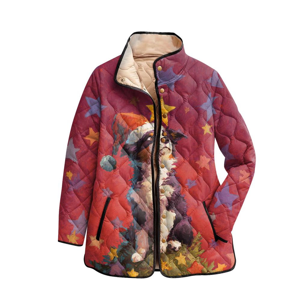 Dámský vánoční potisk s vysokým límcem polstrovaný bavlněný kabát s dlouhým rukávem a zapínáním na knoflíky