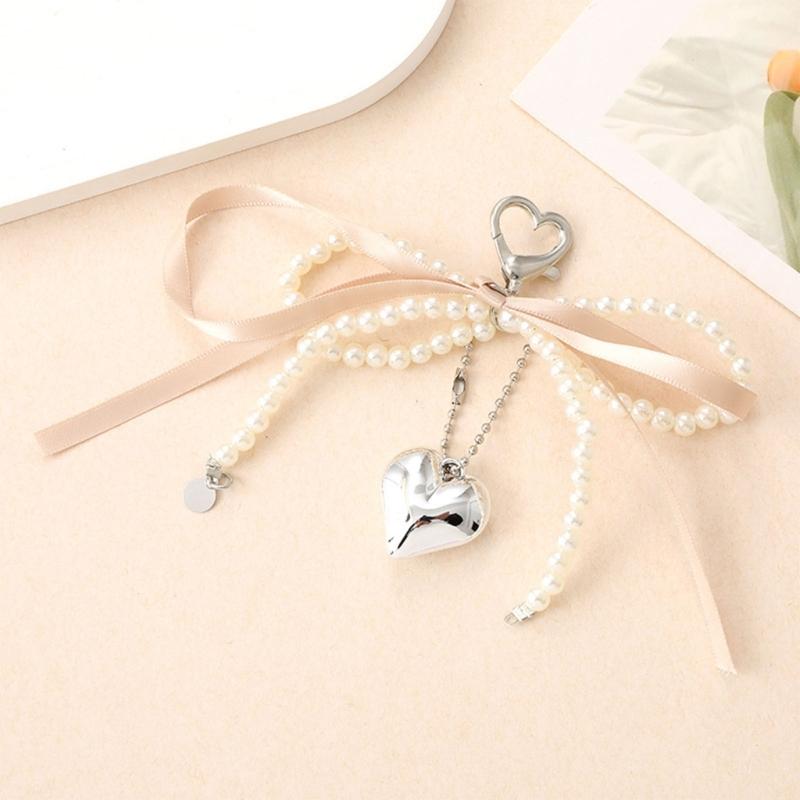 Elegant Pearls Bows Bag Pendant Practical Keychain Heart Shape Phone Ornament Keyring for Purse Handbag Decoration