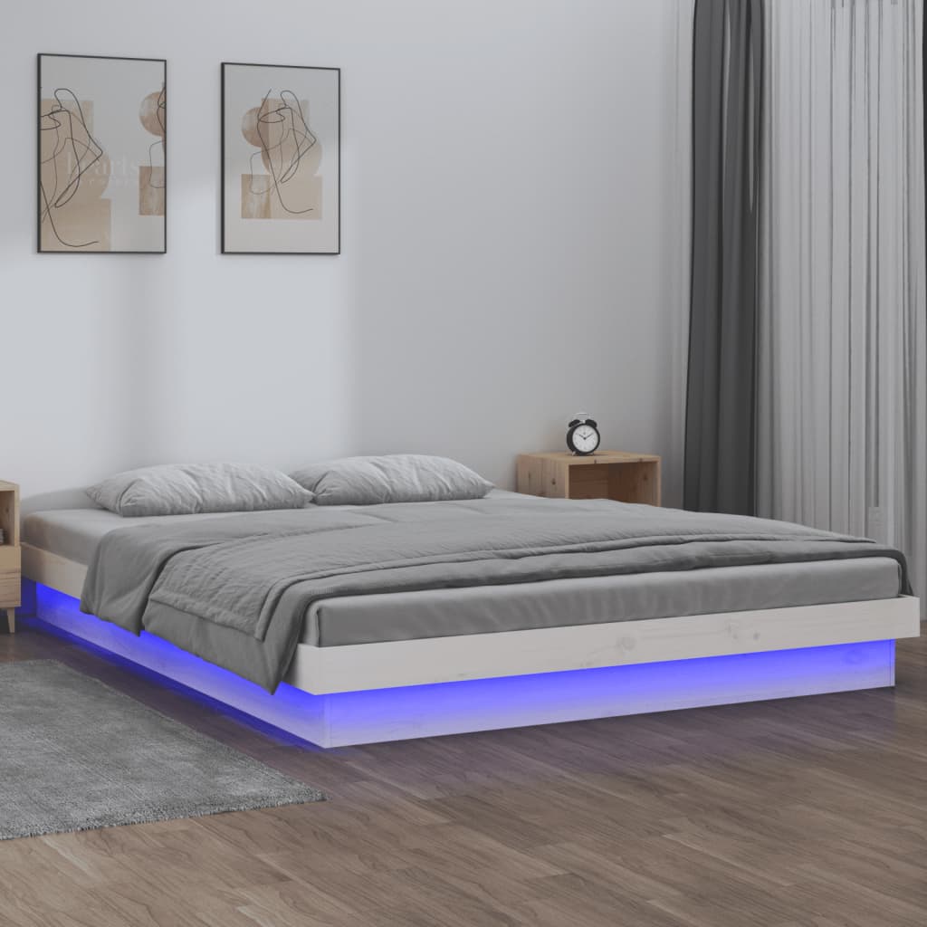 Vidaxl Bed Frame With LED, White, 135X190 Cm, Double, Solid Wood