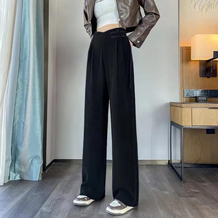 Meilade Autumn Winter Chinese Style Pao Kuao Fleece-Lined Sherniel Wide Leg Pants Women High Waist Drop Crotch Straight Leg Casual Trousers