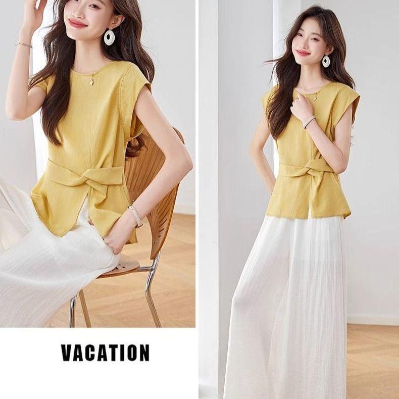 2026 Summer Cotton Linen Sleeveless Shirt & Wide-Leg Pants Two-Piece Set