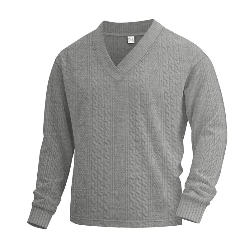 Men Vertical Cable Jacquard Textured V Neck Sweatshirt Ribbed Cuffs Long Sleeve Loose Fit Solid Color Spring Fall Daily Smart Casual Pullover Top