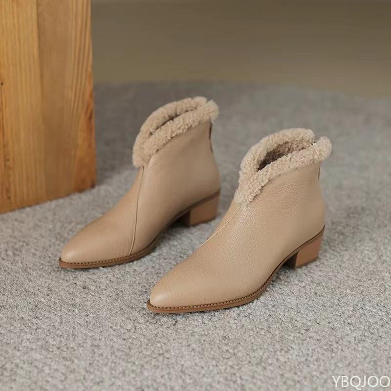 Autumn winter new retro pointed warm short boots thick heel versatile simple comfortable temperament women's boots