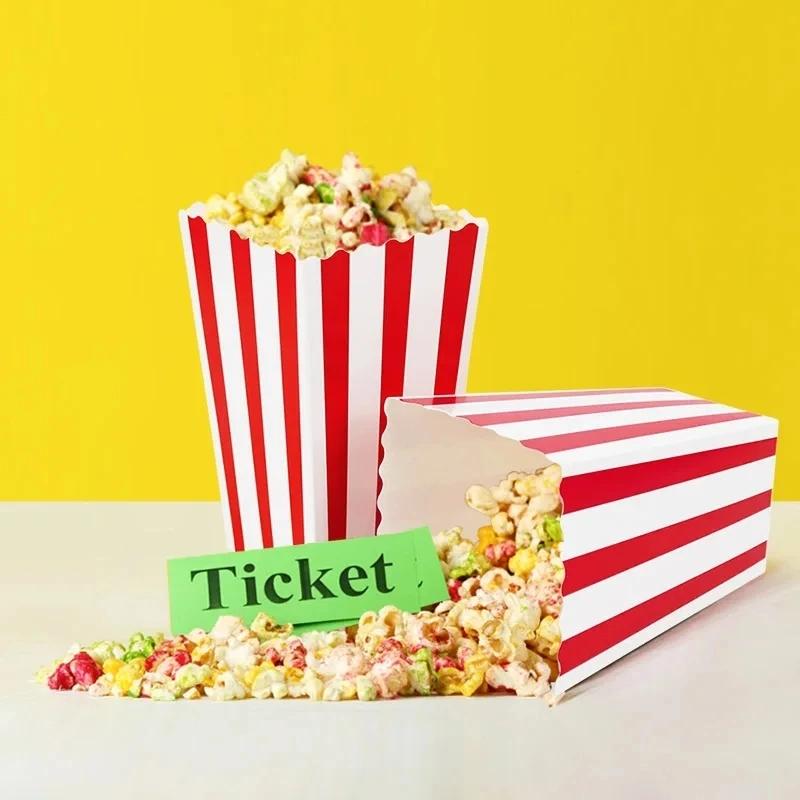 20Pcs Popcorn Paper Boxes Buckets Red White Stripes Bags Snack Containers For Movie Night Birthdays Carnival Party Supplies