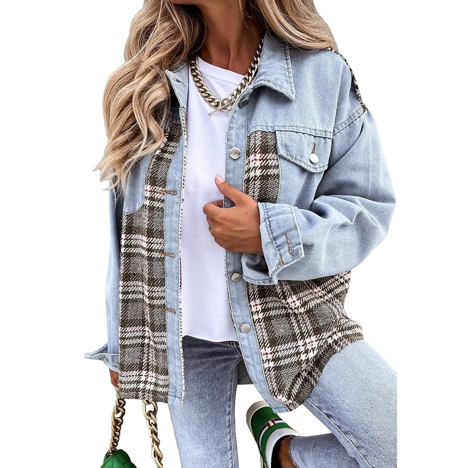 

Женская куртка Джинсовая куртка с длинным рукавом в клетку Рубашка на пуговицах Куртка Топ S небесно-голубой