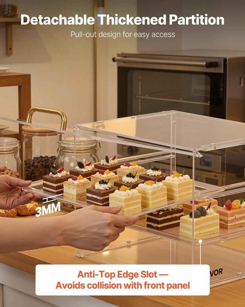 Bakery Display Case, 3-Tier Commercial Countertop Pastry Display Case, Clear Acrylic Bread Box for Kitchen, Party Cake Cabinet with Flip-Up Door for