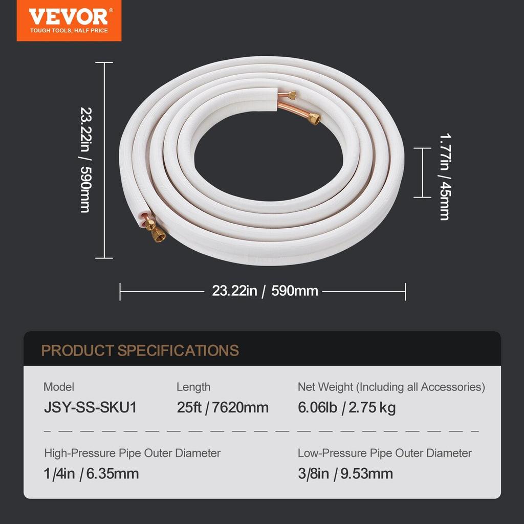 7620mm Mini Split Line Set, 6.4 & 9.5mm O.D Copper Pipes Tubing and Triple-Layer Insulation, for Mini Split Air Conditioning Refrigerant or Heating