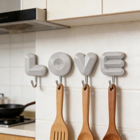 4Pcs/Set Letter Wall Decor Hooks Wall Mounted Love Hooks Waterproof Adhesive Bathroom Hooks for Entrance Bedroom Living Room