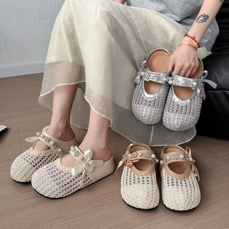 Baotou wears half slippers outside, women's summer 2025 new mesh breathable slippers, thick-soled one-pedal beaded cool slippers