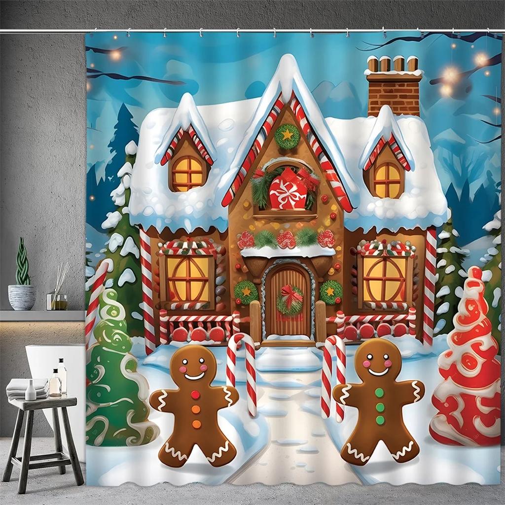 Christmas Shower Curtain, Winter Snowman Santa Claus Snowflake Gnome Farm Truck Berry Christmas Tree Cartoon Bathroom Decorati