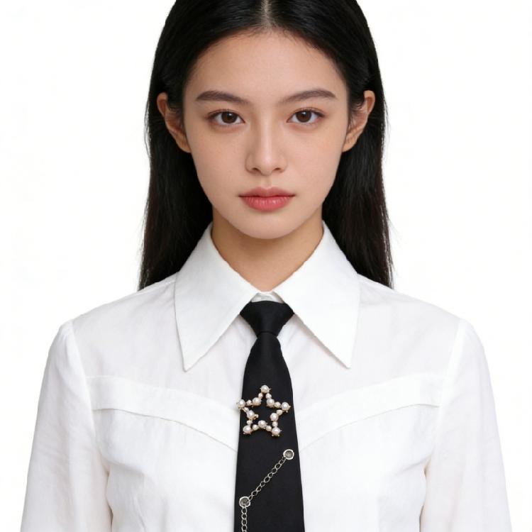 Student Pre Tied Neck Ties Preepy Look Pearls Star Metal Chain Dark Tie Cravat Neck Wear Accessories