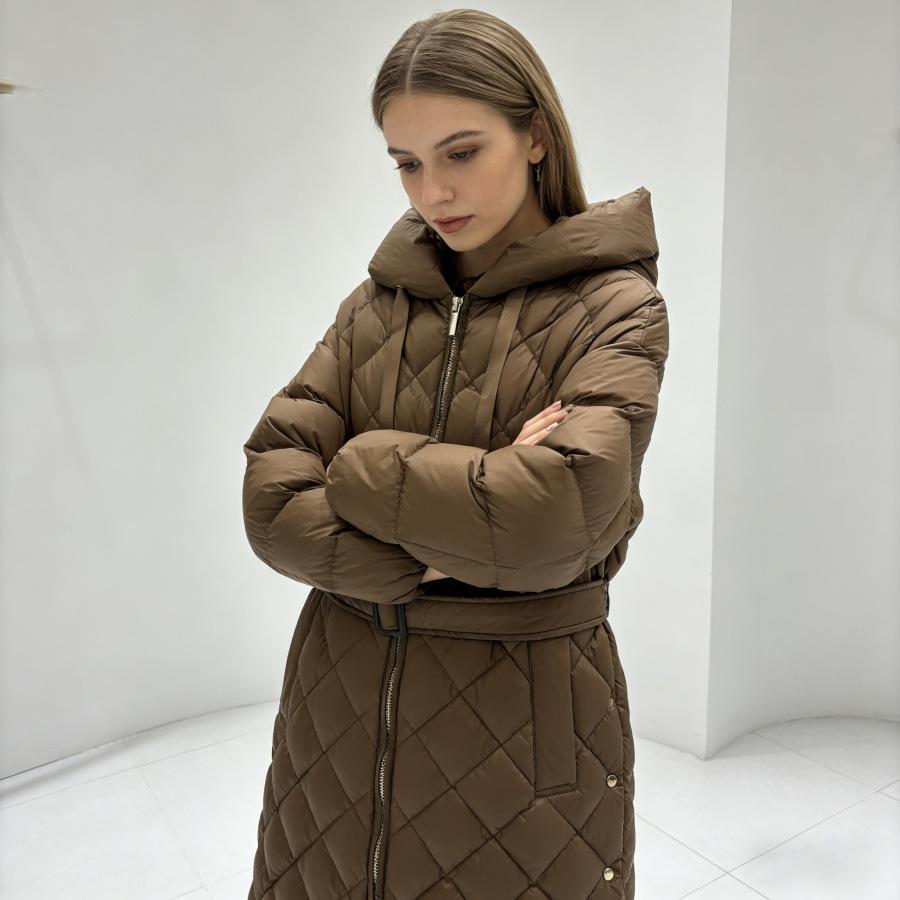 Autumn and Winter Fashion Europe Station Rhombus Hooded Belt Long Down Jacket Women's Warm Winter Tide