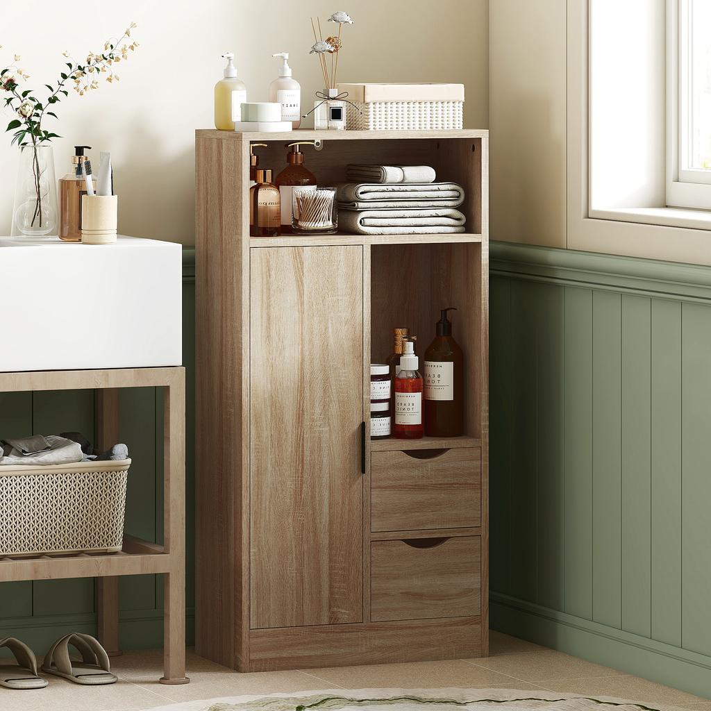 Space-Saving Slim Mobile Bathroom Cabinet with 2 Drawers, Shelves and Cupboard, 50x25x100 cm, Natural Wood