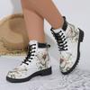 Damen Freizeit Stiefel mit durchgehender Sohle, Große Größe, Bedruckt, Runde Zehenpartie, Dicker Absatz, Retro Farbe, Bequeme Winterschuhe