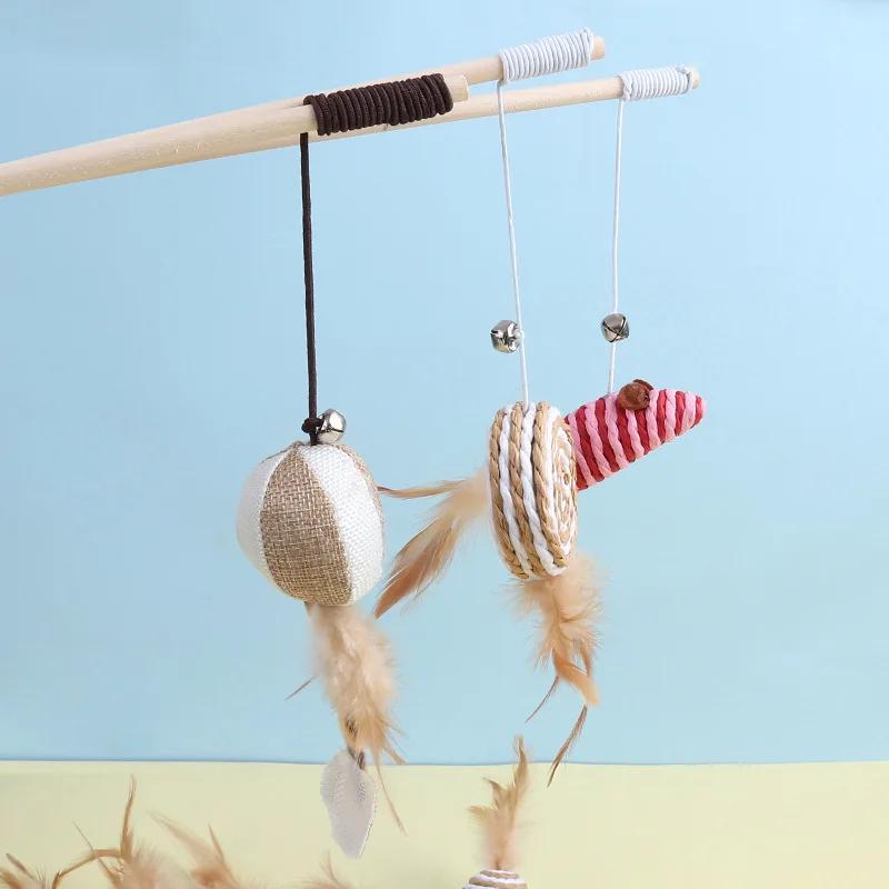 New Mouse Wooden Teasing Cat Rod Cat Toy Pet Supplies Feather Bell Wooden Rod Teasing Cat Stick