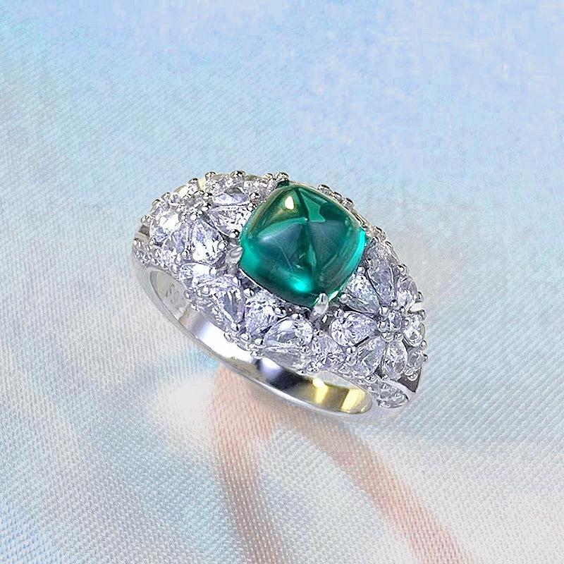 Luoxi Temple 2023 S925 Silver Simulated Emerald Cut Sugar Tower Ring