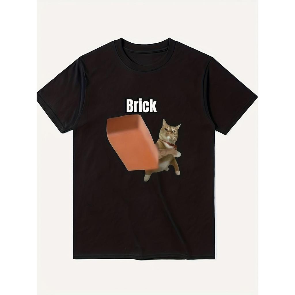 2026 Fashionable Mens Fun Brick Cat Emoji TShirt Humorous Pattern Shirt Pure Cotton AllSeason Couple Vintage T Shirt