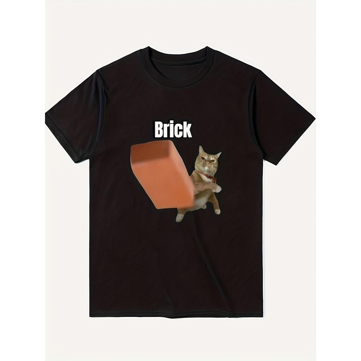 

2026 Fashionable Mens Fun Brick Cat Emoji TShirt Humorous Pattern Shirt Pure Cotton AllSeason Couple Vintage T Shirt S чёрный