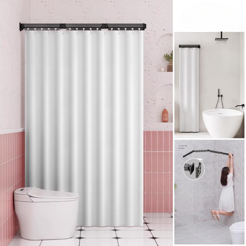 Foldable Shower Curtain Rod for Bathroom and Toilet, No Need To Drill Holes, Dry-wet Separation, C-shaped Waterproof Shower