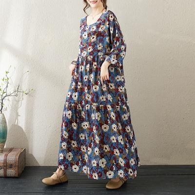 Autumn Thin Cotton Linen Long Floral Print Dresses Round Neck Long Sleeve Loose Slim Big Hem A-line Dress for Women