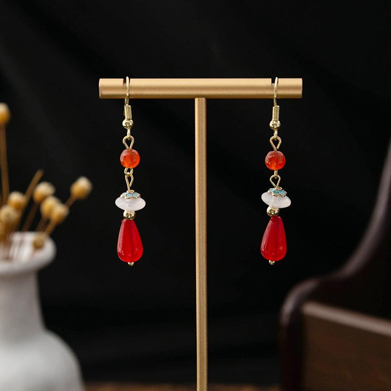Red Series Beaded Earrings, National Style Auspicious Cloud Water Drop Pearl Earrings, Cheongsam Hanfu Accessories