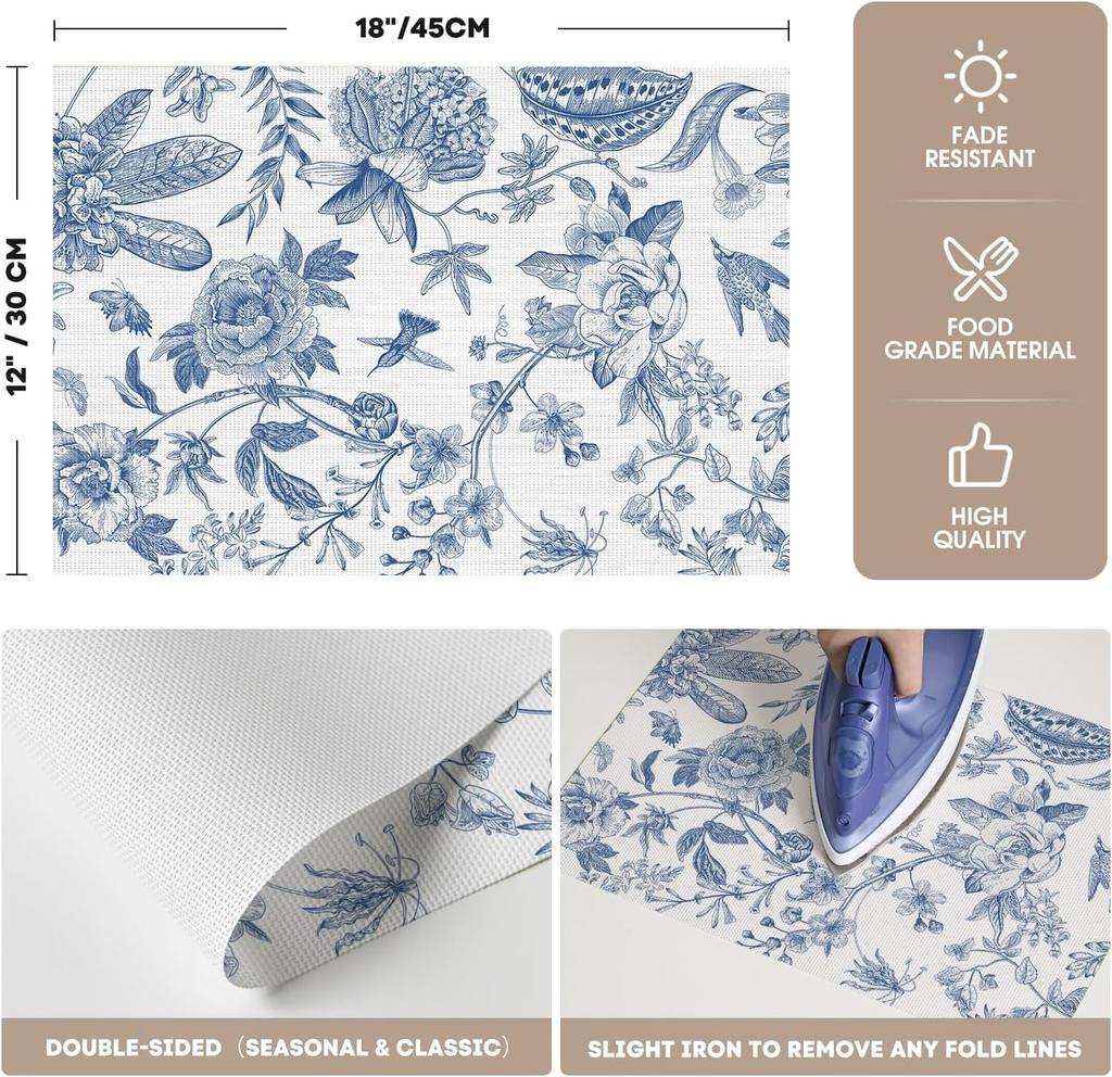 Blaues Blumenmuster Vögel Frühling Vinyl Tischsets Set of 4, Waschbar Hitzebeständig Rutschfest Gewebter Kunststoff PVC Platzsets