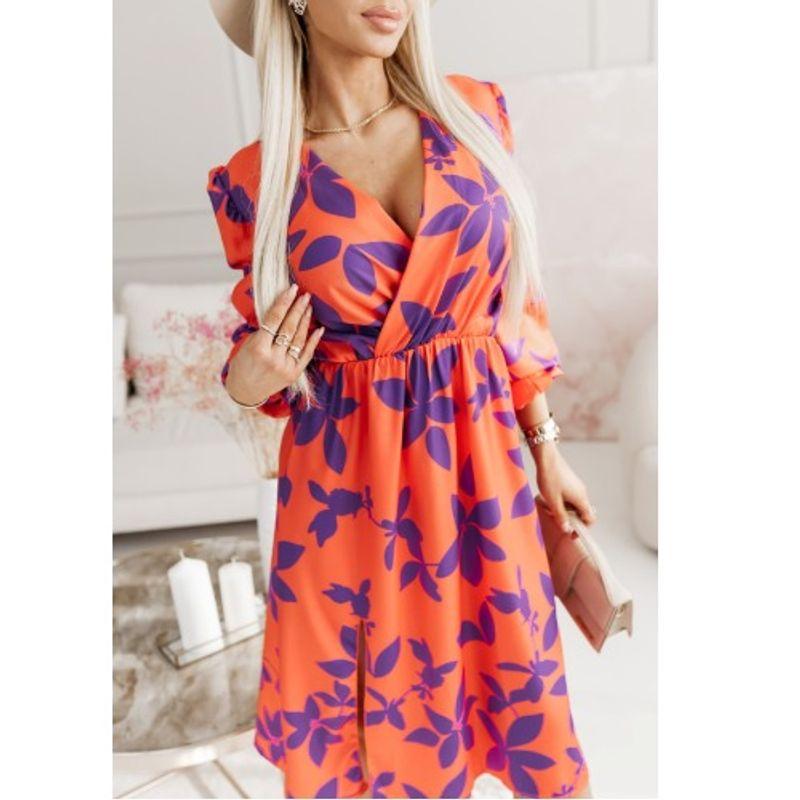 

Spring and Summer New European and American Fashion V-neck Floral Waist Hugging Mid-Length Long sleeve dress Women s Dresses Orange S