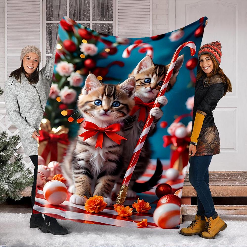 1pc Candy Cane Kittens Outdoor Flannel Blanket Soft All Season Polyester Throw , Perfect for Picnics & Travel , Picnic Accessory