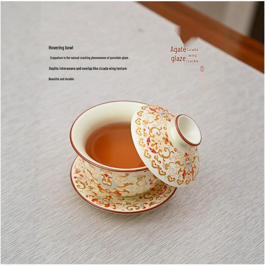 Light Luxury Beige Ru Kiln Gaiwan Tea Set with Gold and Silver Inlay - Large Capacity and Anti-scalding for Gongfu Brewing