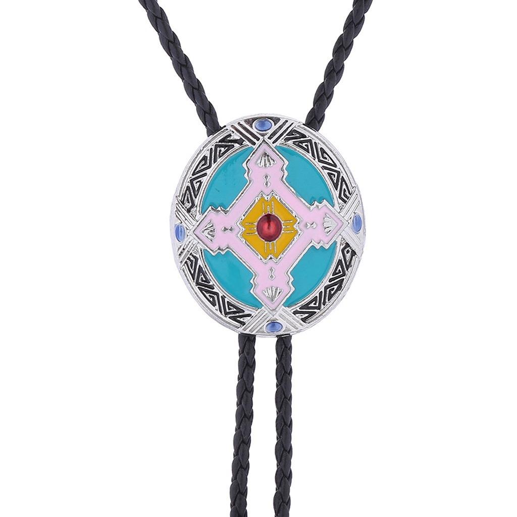 Braided Shoestring Bolo Tie with Engraving Totem Charm Cowboy Necktie Necklace Country Style Bolo Tie Cowboy