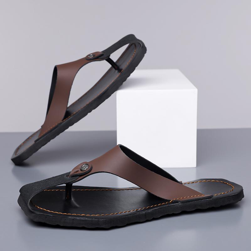 Herren Schwarz Leder Pantoffeln Einfache Flache Sommer Weiße Flip-Flops Outdoor Sandalen Braun Offene Zehen Strand Schuhe Übergröße