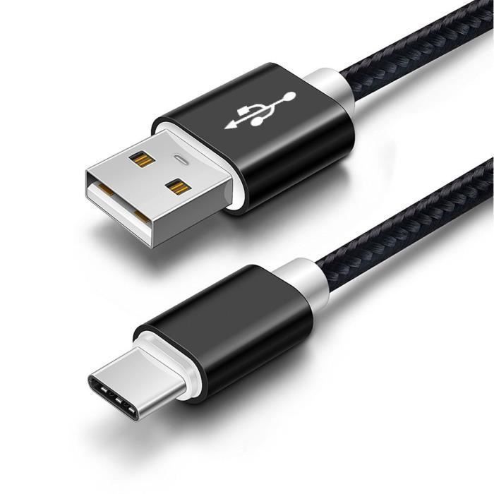 Câble USB Type C - Nylon - 1M - Compatible Samsung, Huawei, Xiaomi - Couleur Noir - Durable