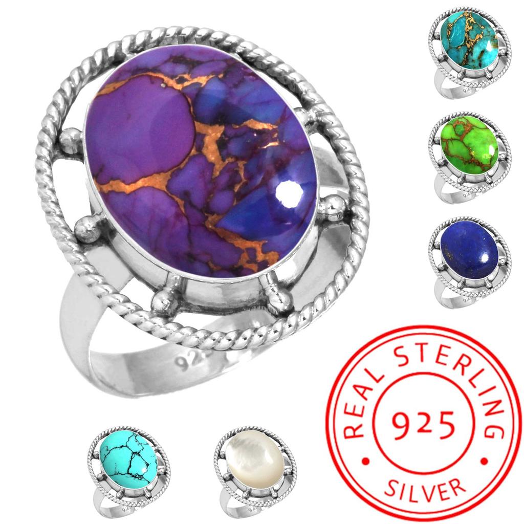 925 Sterling Silver Ring Women Gemstone Handmade Jewelry Halloween Gift Blue Green Purple Copper Turquoise Pearl Lapis Mother Of Pearl Victorian