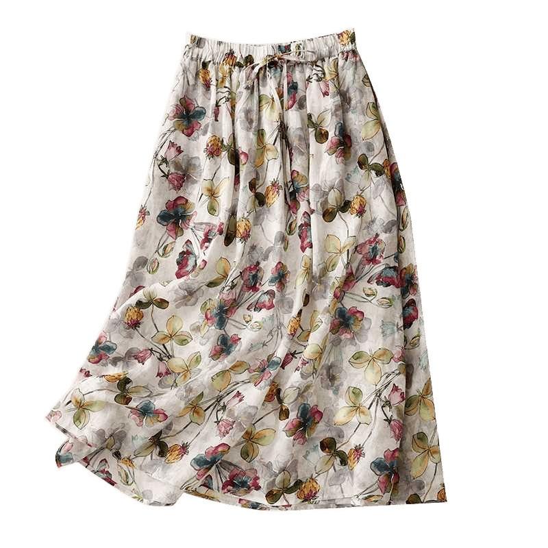 Spring and Summer New Cotton and Linen Printed Dress Women's Thin Literary and Retro Waist Thin Floral Skirt