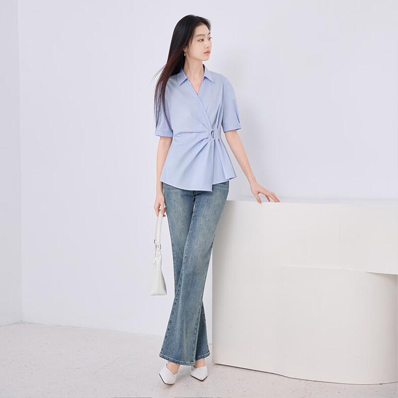 Women's French Style V-Neck Short Sleeve Blouse