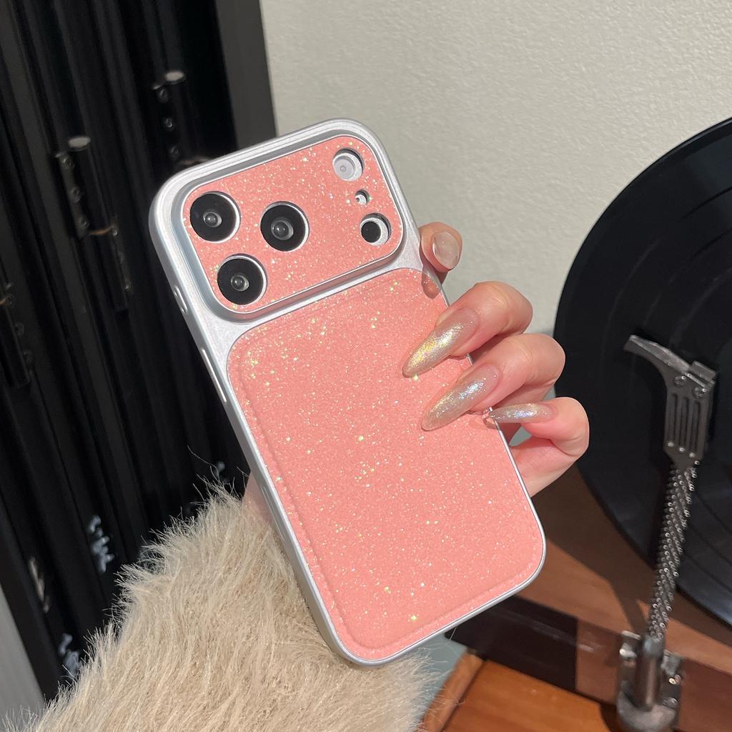 Shining Glitter Leather Large Window Lens Protect Phone Case for For Iphone 17 16 1 14 Pro Max Shockproof Bumper Bling Cover