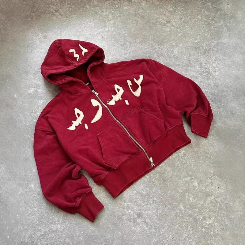 Vintage Oversized Zip-Up Hoodie Men Women Printed Casual Sweatshirt