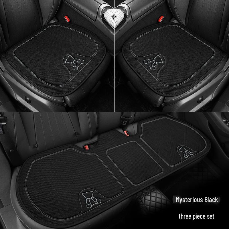 Four Seasons Universal Linen Car Seat Cushion - Cartoon Bear, Breathable, Half-Wrap Rear Seat Cover