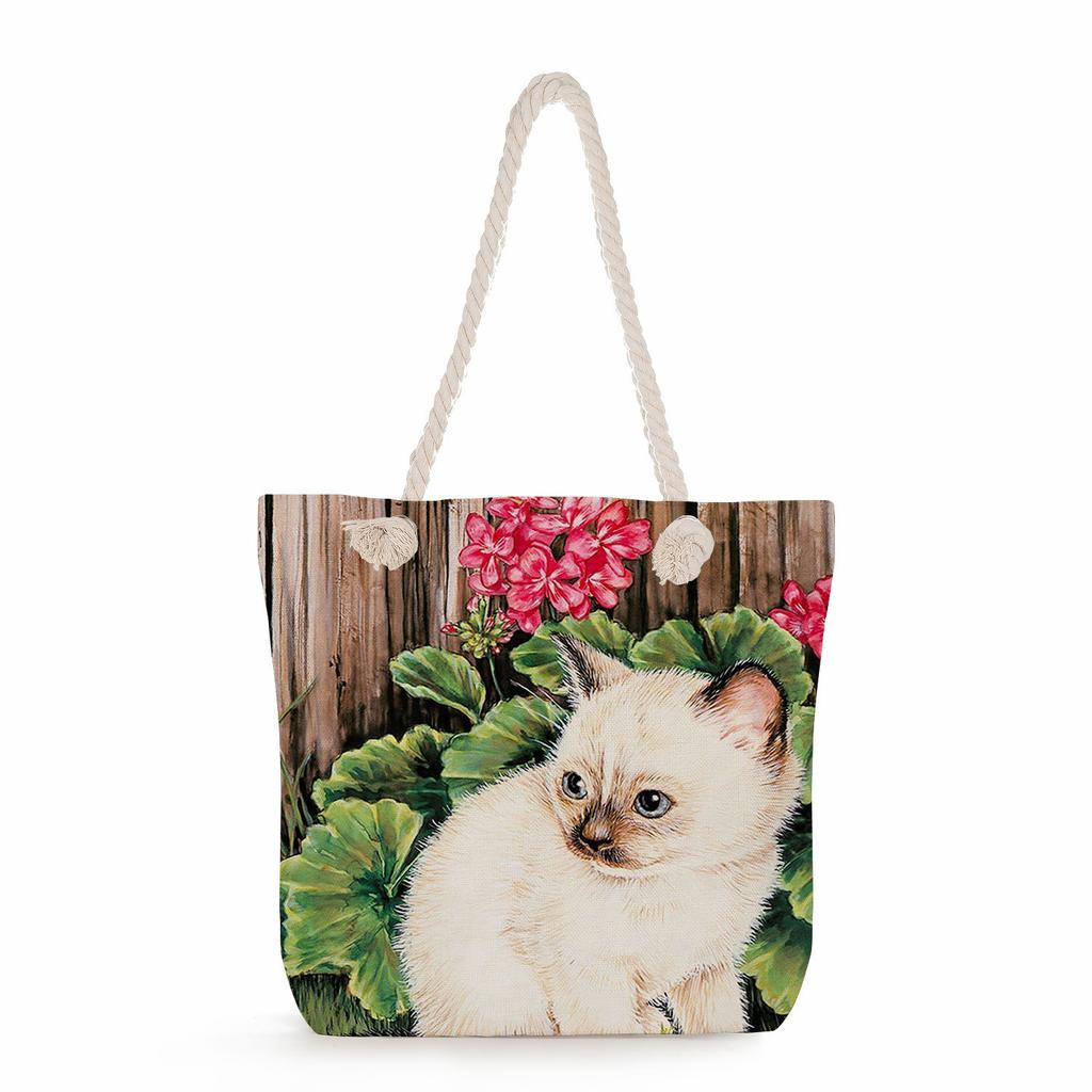 Cat print thick rope single-shoulder beach bag 7228
